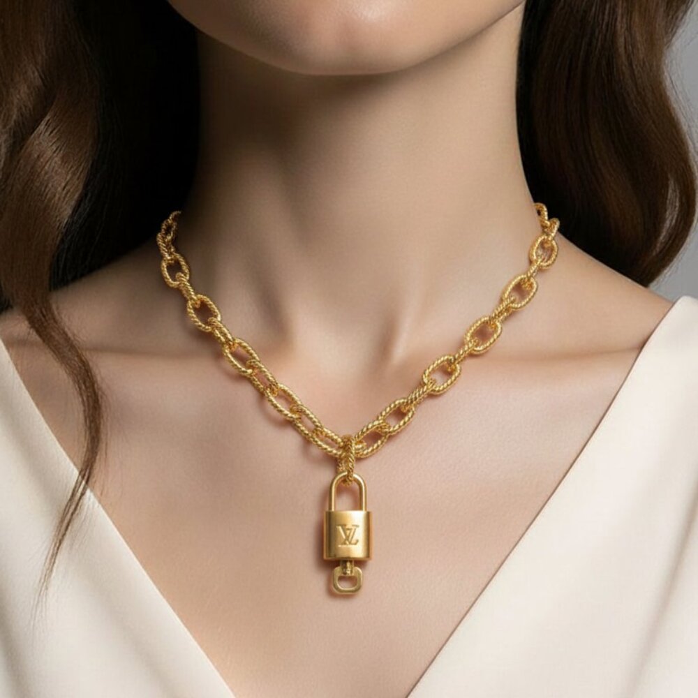 Authentic Louis Vuitton Lock & Key with Gold Plated Gold Chain Necklace 012926